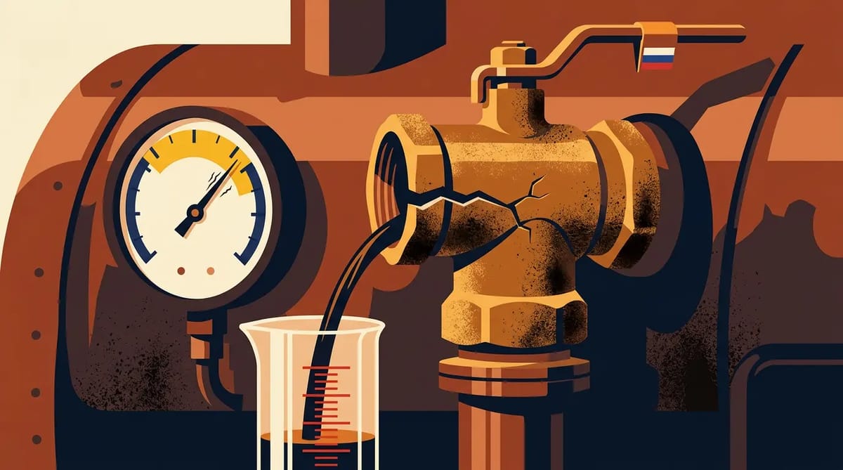 A brass pressure-relief valve on an industrial boiler releasing diesel into a marked measuring cylinder, symbolizing calibrated sanctions pressure.