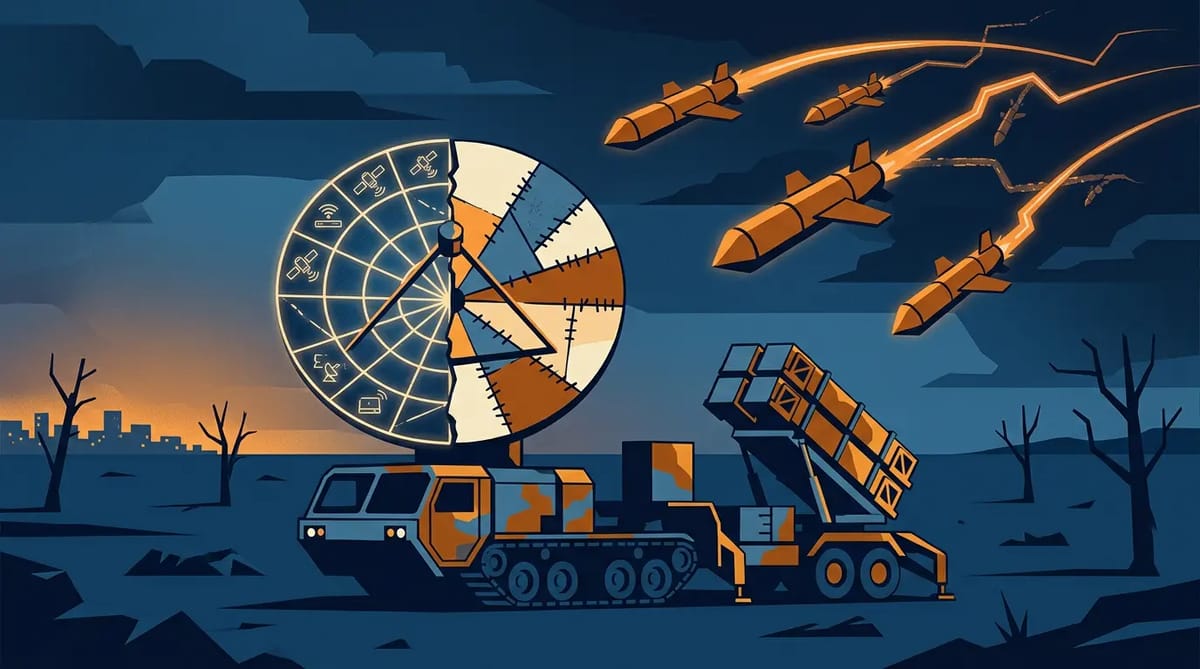 A Patriot battery with a radar dish half-connected to US satellites, half-built from European fragments, under incoming Russian glide bombs that change trajectory mid-flight.