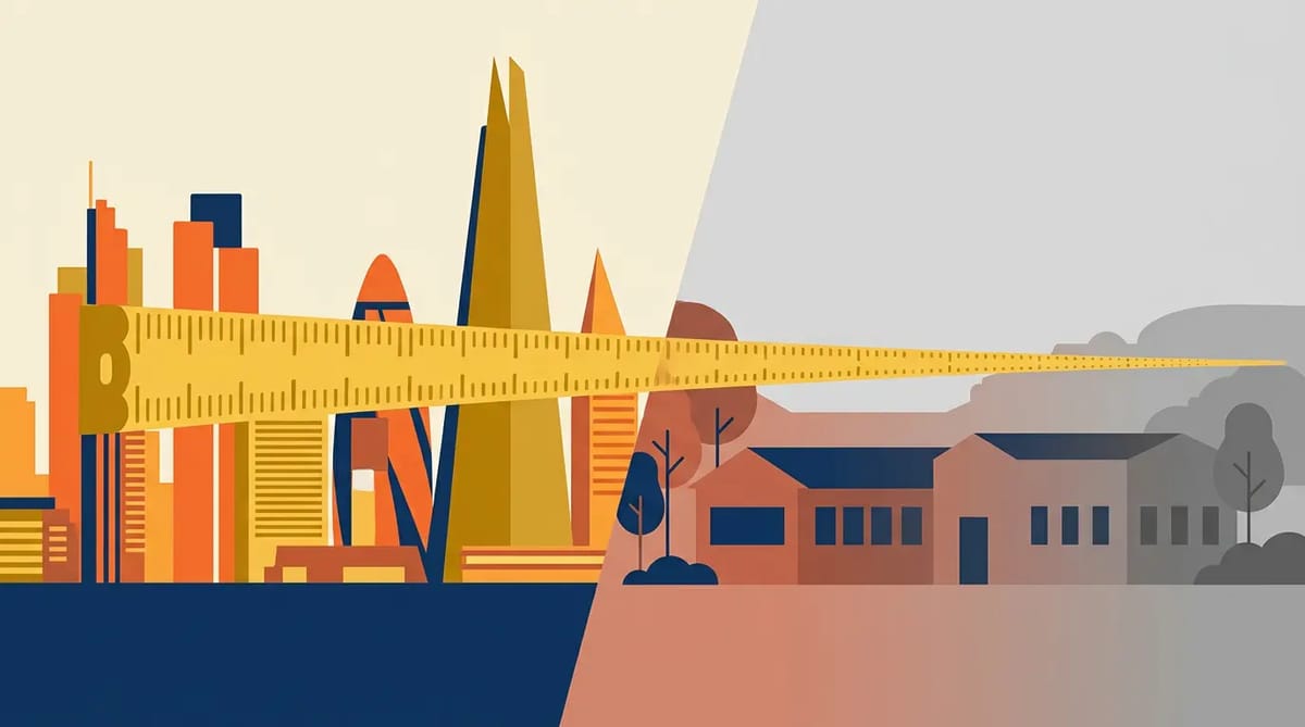 A stretching measuring tape marked 0.3% spans a growing city skyline on one side and a fading rural clinic on the other, illustrating how a fixed percentage target thins as national income rises.