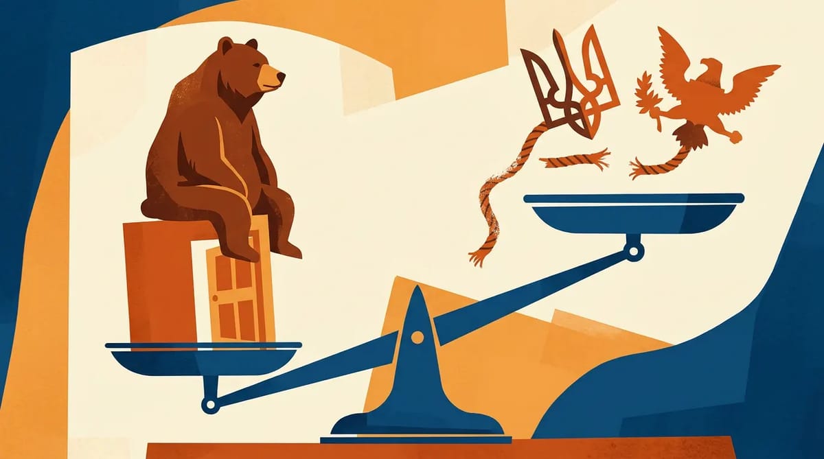A tilted balance scale: a bear rests on an open door on the heavy side; a trident and eagle hang on the light side, connected by a cut rope labeled Sanctions Snapback.