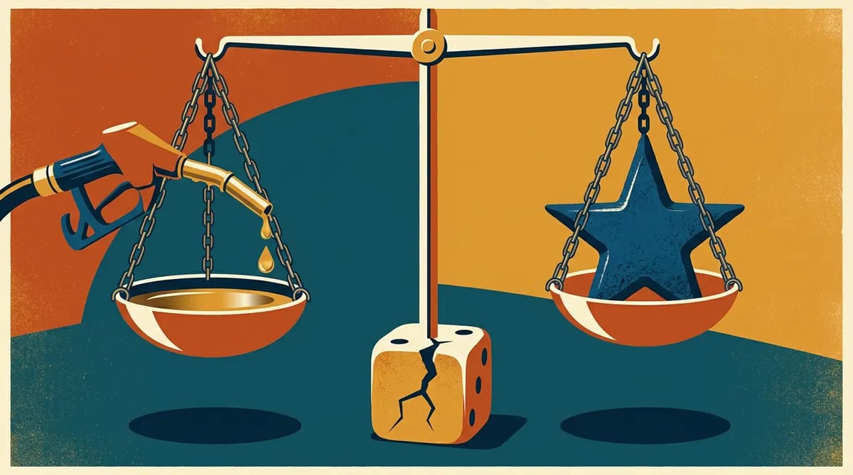 A balance scale with a gas pump on one side dripping fuel into a bowl labeled U.S. Prices, and a heavy Kremlin star weight on the other side labeled Leverage. The fulcrum is a cracked die.