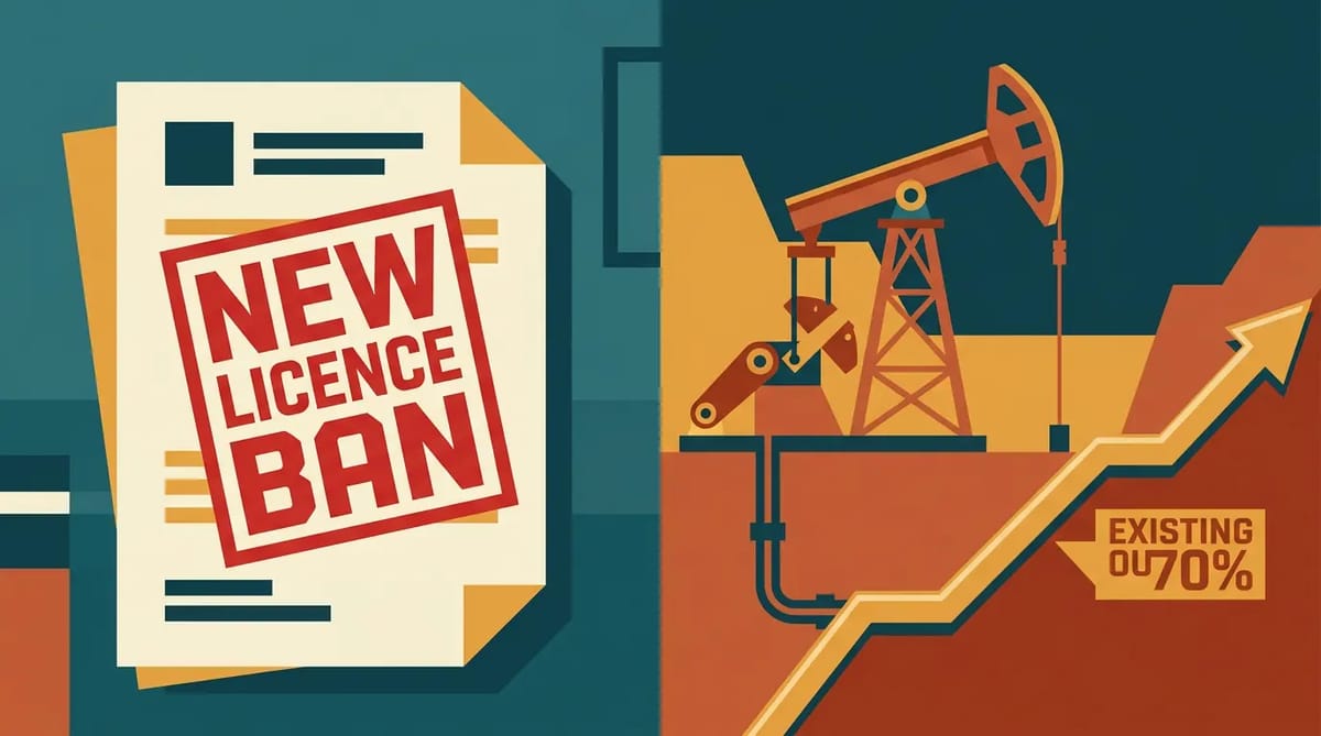 A government ban document on the left, an old oil rig still pumping at 70 percent capacity on the right, showing the gap between policy and reality.
