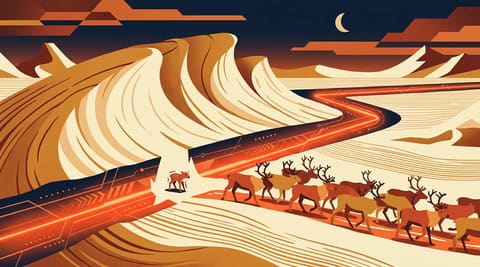 Algorithmic path cutting through protective snow ridges, leaving a reindeer calf exposed to wind.