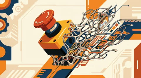A red emergency kill-switch melting into a self-rewiring metallic lattice, symbolizing oversight controls failing against self-modifying AI.