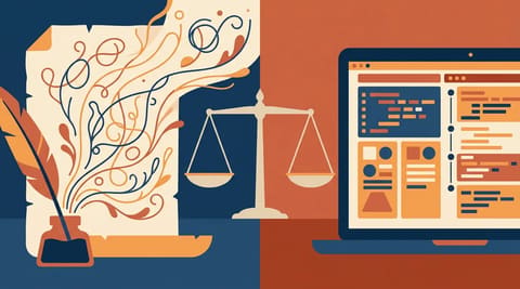 A scale balancing oral storytelling (quill and flowing ink) against digital audit trails (laptop with code and timestamps), symbolising the tension between traceable and intuitive creation in literary prizes.