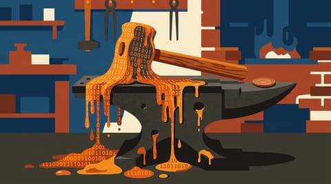A medieval hammer with a head made of flowing binary code dripping through an anvil, with a copper coin on the anvil edge