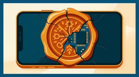 A cracked wax seal on a smartphone screen revealing a firmware chip underneath, symbolizing how legal authentication becomes technical control