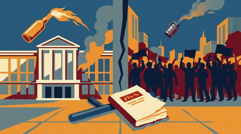 A petrol bomb and tear gas canister mid-air between protesters and police, with a baton and notebook on the ground, symbolizing the clash of violence and surveillance.