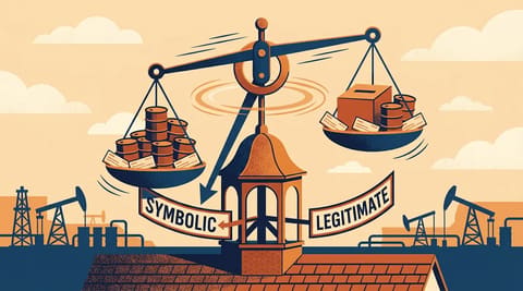 A balance-scale weather vane: one side holds a ballot box labeled ALBERTA, the other holds oil barrels and equalization cheques. The vane points to LEGITIMATE when oil weighs more, spins to SYMBOLIC when transfer payments weigh more.