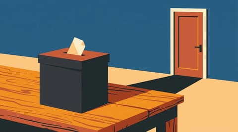 A ballot box on a table with a long shadow stretching toward a closed door, symbolizing a vote whose consequences depend on what happens after.