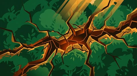 Rainforest canopy cracking like an engine block, with intact green sections and glowing orange fractures representing degradation.