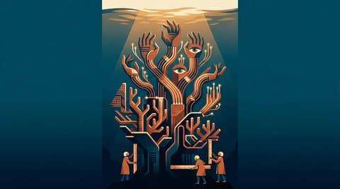 Coral reef built from computer chips and cables grows toward the surface; small human figures measure its base with rulers while branching shapes above resemble grasping hands and eyes.