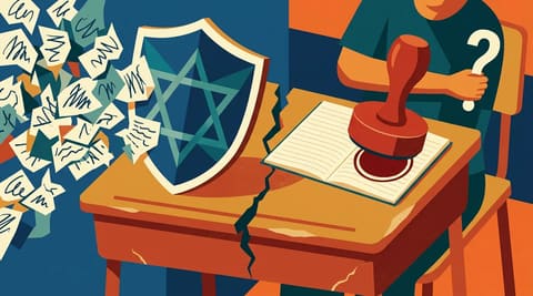 A school desk divided in two: one half shows a Star of David shield blocking paper conspiracy theories; the other half shows an IHRA stamp silencing a student's question.