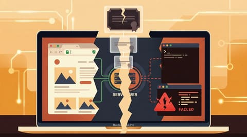 Split Mac screen showing Safari with a secure lock on left and terminal with a warning on right, both connecting to the same server, with a cracked root certificate above