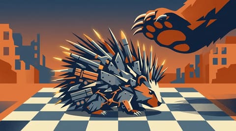 A metallic porcupine composed of weapon fragments curls on a chessboard while a bear's paw hovers above, claws extended but not making contact.