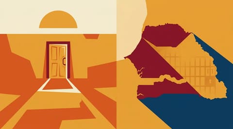 A person’s shadow casts prison-like bars over a map of Senegal while they walk toward an asylum door, symbolizing the tension between flight and lingering repression.
