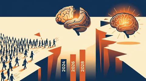 A half-built AI brain hovers over a chasm marked with years 2024, 2026, 2028. Thousands of small human figures walk toward the edge from the near side; a complete AI brain glows on the far side.