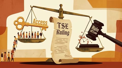 Balance scale weighing voting access against rule of law, with a strained judicial ruling as the fulcrum.
