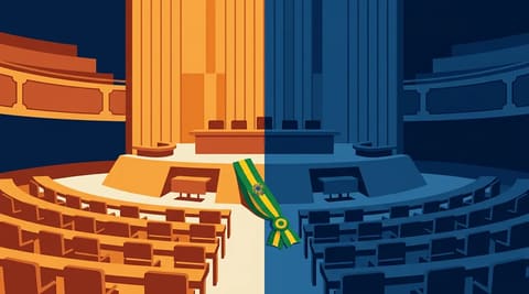 A divided congressional chamber with a presidential sash draped across the central dividing line, symbolizing shared but contested power.