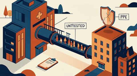 Hospital pushing untested patients through a pipe with a broken guardrail into a care home, with a cracked PPE shield above and a discarded Cygnus 2016 clipboard nearby.