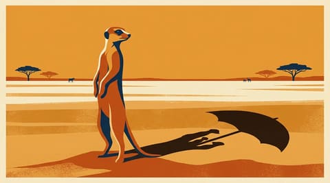 A meerkat standing on sentry duty, its shadow forming an umbrella over hidden figures, symbolizing protective vigilance