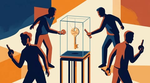 A golden key cracking in a glass case with words like coercion and sovereignty in the fractures, surrounded by five shadowed figures holding key fragments