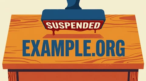 A domain name on a desk under a giant rubber stamp marked SUSPENDED, red ink dripping, symbolizing arbitrary registrar power over online identity.
