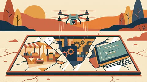 A small drone hovers over a broken mirror reflecting three different scenes: a marketplace, a factory floor, and a computer screen with code.