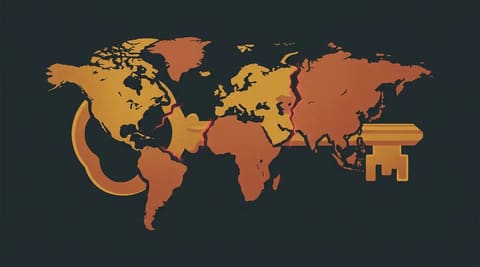 A golden key splitting into three continental fragments with glowing red cracks between them, symbolizing the fracture of global certificate trust into geopolitical silos.