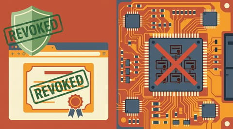 Split view: browser with revoked certificate stamp on left, automotive ECU with burned-in certificate chain and no update path on right