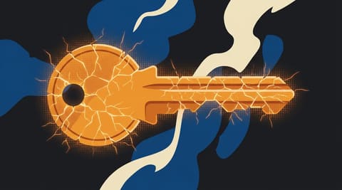 A golden key cracking into thousands of glowing fractures that form a binary pattern on a dark background, representing a broken random number generator compromising certificate trust.