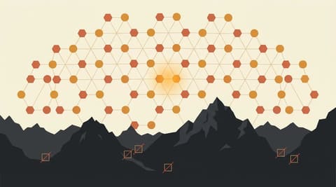 Hexagonal satellite mesh over dark mountain range with denied ground stations marked; one satellite glows at centre representing onboard memory storage