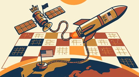 European satellite connected by umbilical cable to American rocket, floating above orbital chessboard with U.S. ground station below