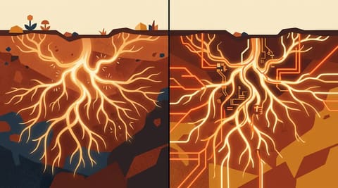 Two fungal networks side by side: one natural, one with artificial neon wires spliced in, representing authentic versus amplified protest signals.