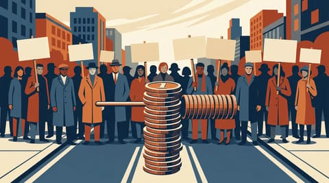 A turnstile made of stacked gold coins blocks a boulevard where a silent crowd holds blank signs, symbolizing financial barriers to protest.