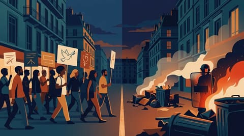 A French street divided by a glowing chalk line: peaceful protesters on one side, smoldering bins and a riot shield on the other, symbolizing the tension between legitimate protest and state-managed chaos.