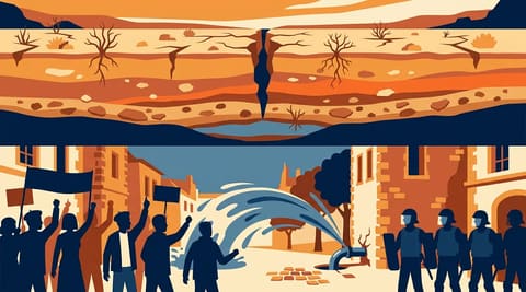 Cracked dry earth with low aquifer above a burst city water pipe spraying into a street standoff between protesters and police, rendered in bold flat shapes with warm earth tones and blue.