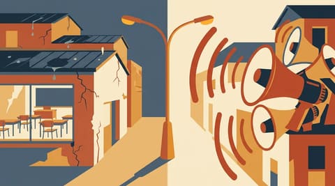 Split illustration of a French suburb street: left side shows decaying school infrastructure, right side shows political megaphones amplifying anti-immigrant messaging, connected by a single streetlamp.