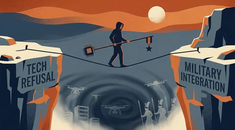 A tightrope walker balancing between tech refusal and military integration, weighted by a silicon chip and a medal, above a chasm with ghostly drones, servers, and historical soldier silhouettes.