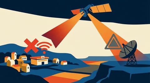 A satellite signal splits, blocking both a hospital’s internet and an enemy radar, showing the dual impact of wartime restrictions