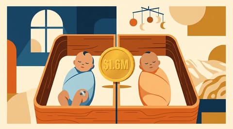 A bassinet divided in two: one infant with a vaccine bandage, one without, separated by a gold coin on edge representing the trial's cost