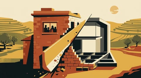 A stone house split in two: one half intact with a family inside, the other half erased and its stones reused as the foundation for a new angular building, with a bulldozer blade as the dividing line.