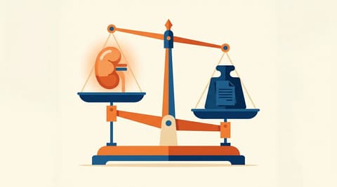 A balance scale weighing a glowing kidney against a heavy iron sanctions document, the kidney side dipping lower.