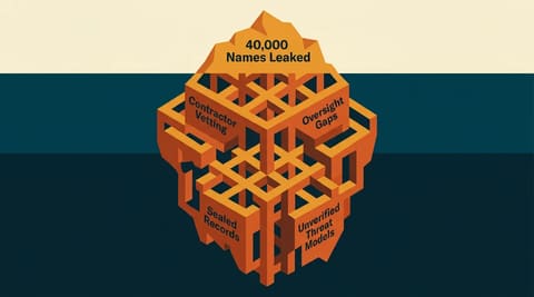 Iceberg metaphor: small visible tip labeled '40,000 Names Leaked,' massive submerged lattice labeled with systemic failures like 'Contractor Vetting' and 'Sealed Records.'