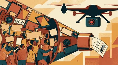 A funnel made of smartphone screens and license-plate readers swallows protesters; a Reaper drone hovers above; a single ICE removal order with a barcode exits the funnel's spout.