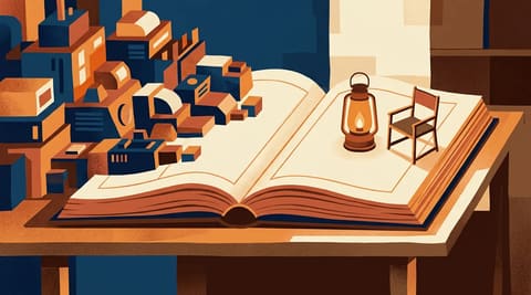 An open ledger half-swallowed by machine-like blocks, with one small lamp and an empty chair guarding a single page.