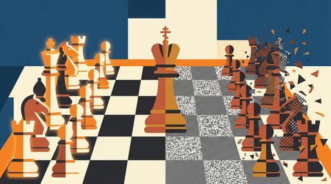 A chessboard split between clear pieces and dissolving static noise, with a king pausing at the dividing line, representing the tension between predictable and unpredictable intelligence sharing.