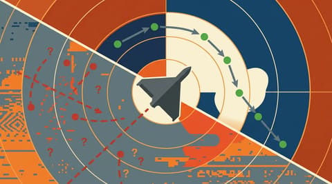 Radar display split between clean fused intelligence tracks and fragmented noisy returns with a drone crossing the boundary