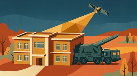 Missile launcher concealed beside a school with a satellite warning beam stopping at the roof edge, symbolizing the tension between intelligence sharing and civilian protection.