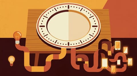 An empty plate with a clock-face rim, one path leading to a lightbulb, the other to a tangle of glowing screens.